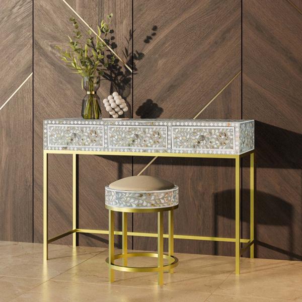 Iris Dresser Console & Stool - Grey Mother of Pearl