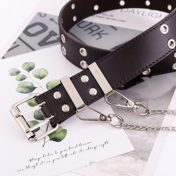 Punk Style Double Exhaust Eye PU Leather Belt Ladies Korean Version Jeans Fashion Chain Decoration Wide Belt for Women