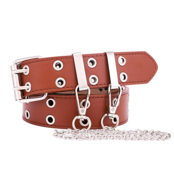 Punk Style Double Exhaust Eye PU Leather Belt Ladies Korean Version Jeans Fashion Chain Decoration Wide Belt for Women