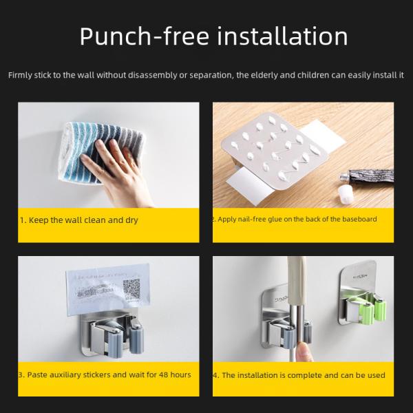 Broom Holder Stainless Steel Wall Mounted Toilet Broom Hook No Drilling Required Brush Holder Suction Cup Grey Gun Metal